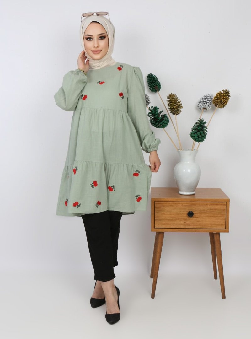 Pink Lady`s Mint Kiraz Nakışlı Katlı Tunik