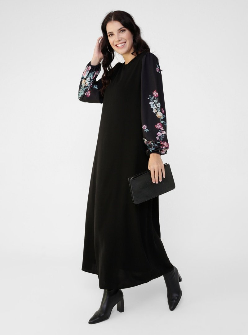 Alia Siyah Büyük Beden Çiçek Desenli Elbise