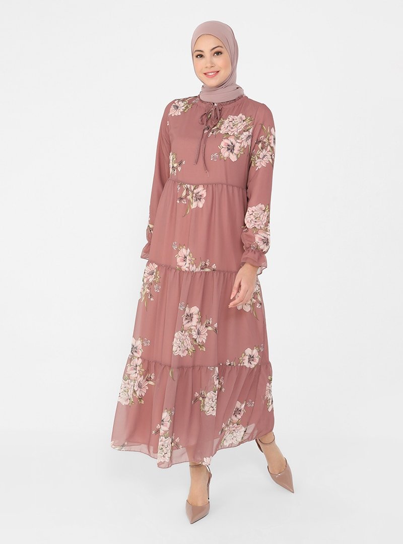 Refka Çiçekli Gül Kurusu Yakası Bağlamalı Rahat Kesim Şifon Elbise