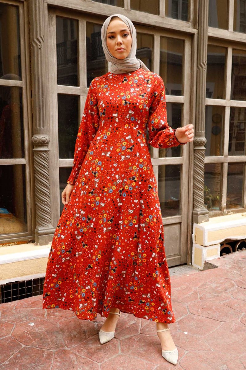 In Style Kiremit Kolu Büzgülü Kasımpatı Desen Elbise