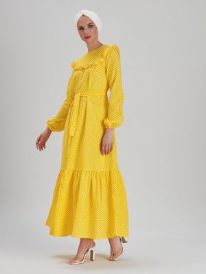 EBRAR Sarı Puantiye Desenli Elbise