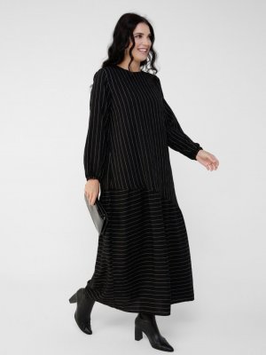 Alia Siyah Büyük Beden Kol Uçları Lastikli Çizgili Elbise