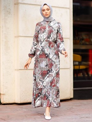 In Style Ekru Renkli Şal Desen Elbise