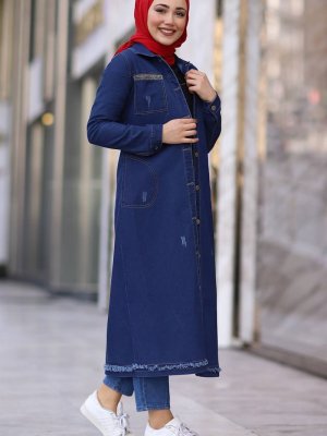 In Style Mavi Cepleri Pul Detaylı Uzun Kot Ceket