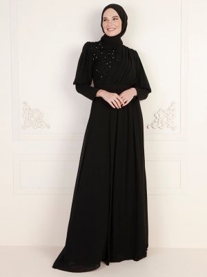 MODAYSA Siyah Uzun Manşetli Şifon Abiye Elbise