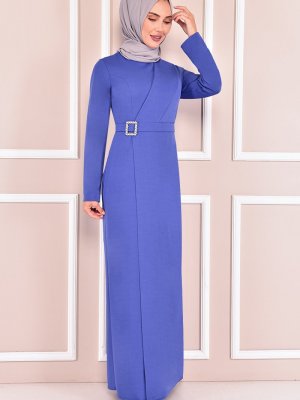 Moda Merve Mavi Tokalı Abiye Elbise