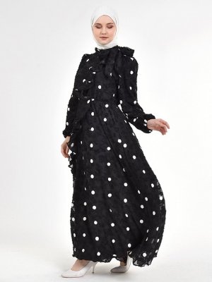 Picolina Siyah Puantiye Beyaz Fırfırlı Şifon Elbise
