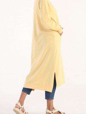 Allday Sarı Açık Kanguru Cepli Yırtmaçlı Pamuklu Elbise Tunik