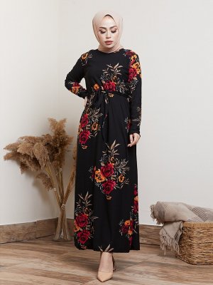 MODAEFA Siyah Çiçek Desenli Elbise
