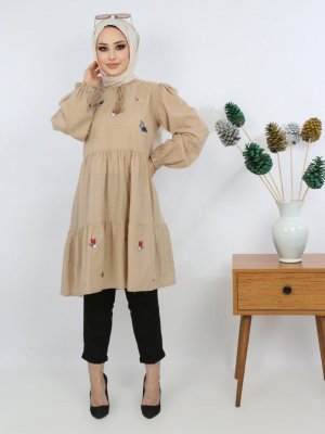 Pink Lady`s Bej Kelebek Nakışlı İpli Katlı Tunik