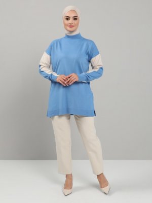 Tavin Mavi Bej Kolu Renk Detaylı Boğazlı Triko Tunik
