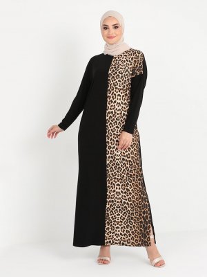 Tavin Siyah Gold Leopar Desenli Elbise