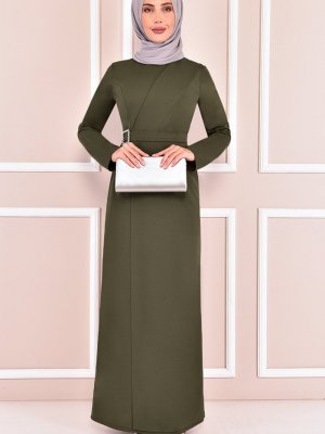 Moda Merve Haki Tokalı Abiye Elbise