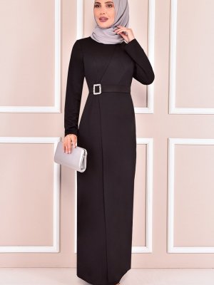 Moda Merve Siyah Tokalı Abiye Elbise