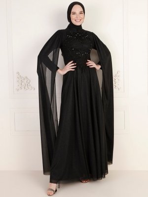 MODAYSA Siyah Pelerinli Aplik İşlemeli Simli Abiye Elbise