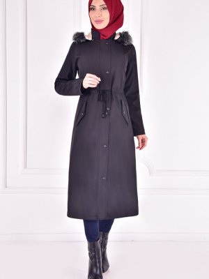 Moda Merve Kapüşonlu Kaban Siyah