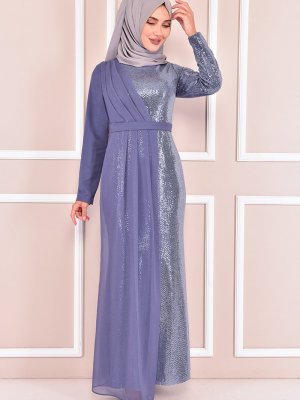 Moda Merve Mavi Pul Payet Abiye Elbise
