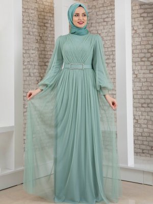 Fashion Showcase Design Mint Taş Detaylı Tüllü Abiye Elbise