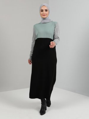 Tavin Çağla Bisiklet Yaka Color Blok Triko Elbise