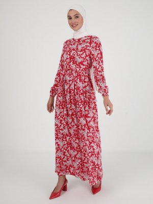 ECESUN Kırmızı Çiçek Desenli Elbise