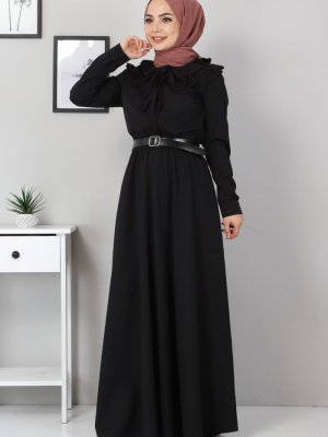 MISSVALLE Siyah Yakası Lazer Detay Elbise