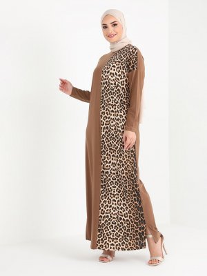 Tavin Camel Leopar Desenli Elbise