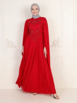 MODAYSA Kırmızı Pelerinli Aplik İşlemeli Simli Abiye Elbise