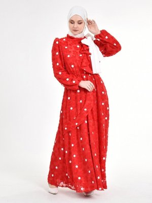Picolina Kırmızı Puantiye Beyaz Fırfırlı Şifon Elbise