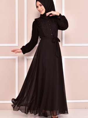 Moda Merve Siyah Kuşaklı Şifon Elbise