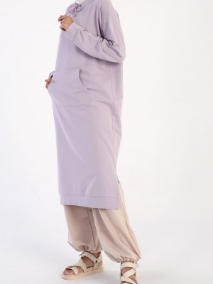 Allday Lila Kanguru Cepli Yırtmaçlı Pamuklu Elbise Tunik