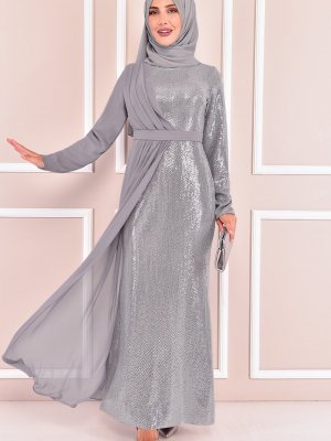 Moda Merve Gri Pul Payet Abiye Elbise