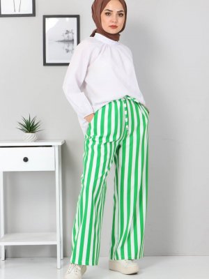 MISSVALLE Yeşil Beli Lastikli Çizgili Pantolon