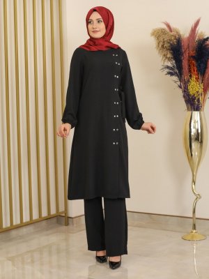 Fashion Showcase Design Siyah Çıtçıt Detaylı Tunik & Pantolon İkili Takım
