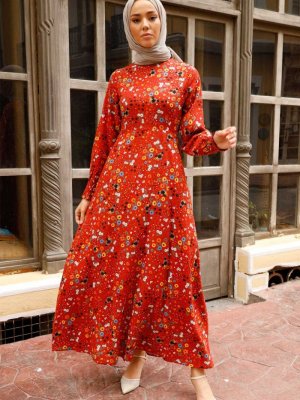 In Style Kiremit Kolu Büzgülü Kasımpatı Desen Elbise
