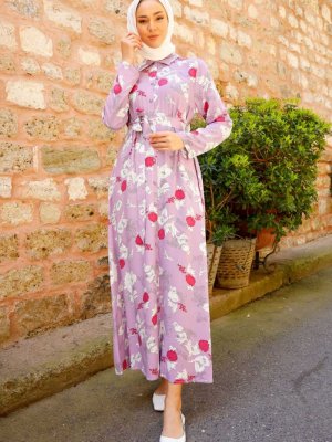 In Style Lila Çiçek Desen Kuşaklı Dokuma Elbise