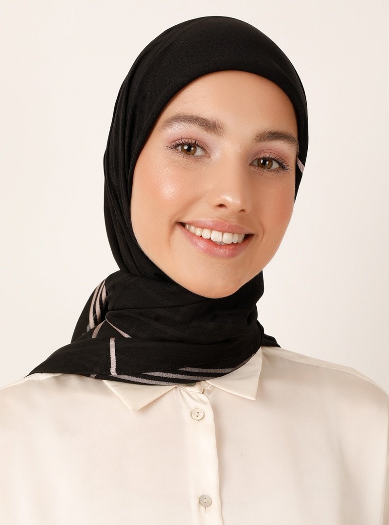 Miray Siyah Pudra 120 Cm Floş Şifon Ekose Eşarp