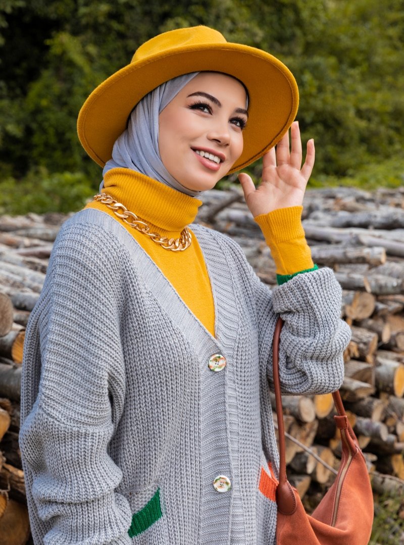 Tavin Gri Cep Detaylı Triko Hırka