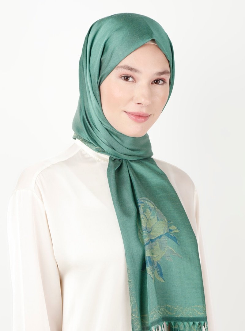 Soft Scarfs Zümrüt Saks Çiçek Jakarlı Şal