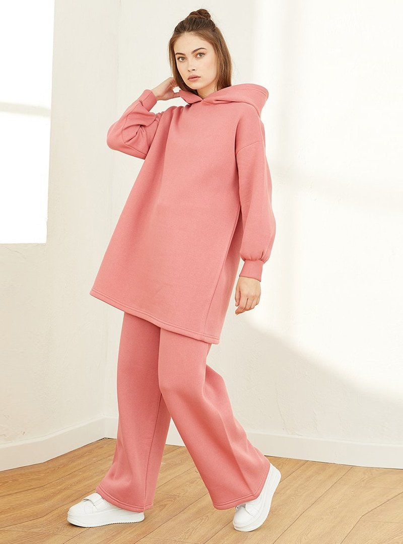 Ceylan Otantik Gül Kurusu Üç İplik Kapüşonlu Sweatshirt & Pantolon İkili Takım