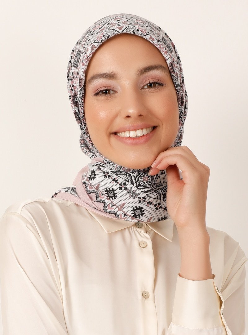 Miray Pudra Kırık Beyaz Otantik Desen Cashmere Kışlık Eşarp