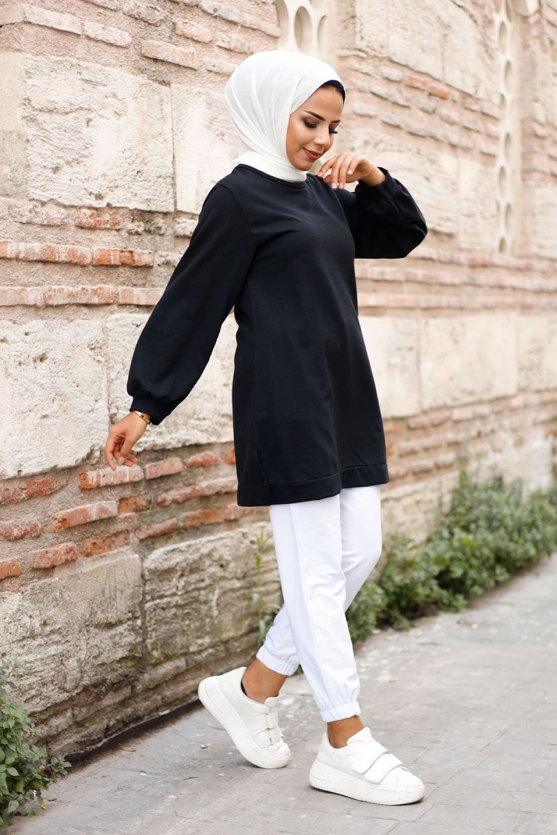 In Style Siyah Balon Kol İki İplik Tunik