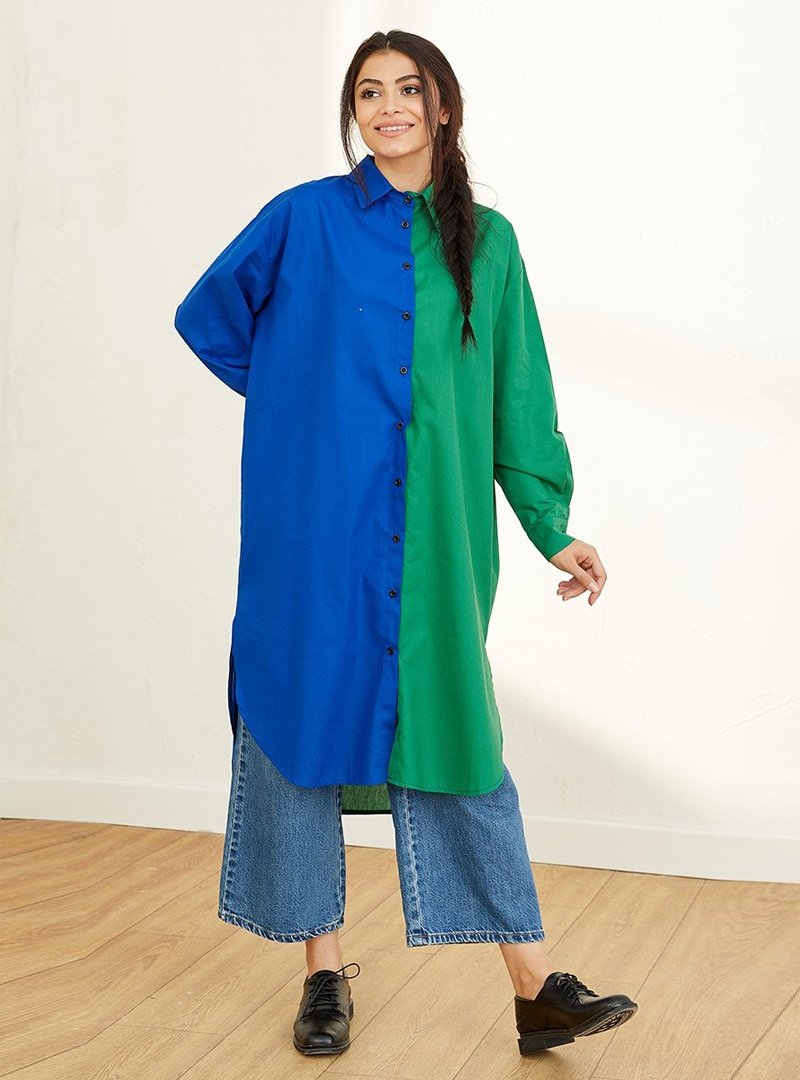 Ceylan Otantik Saks Mavi Yeşil Çift Renk Kuşaklı Gömlek Tunik