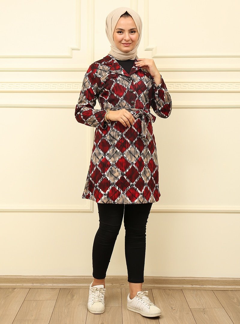 Moda Dua Bordo Yaka Düğmeli Önden Cepli Tunik