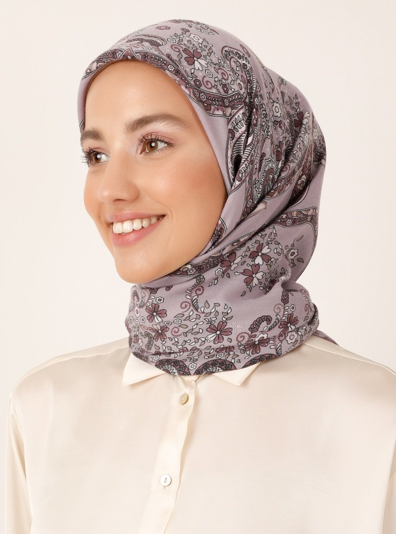 Miray Koyu Lila Çiçek Desenli Cashmere Kışlık Eşarp