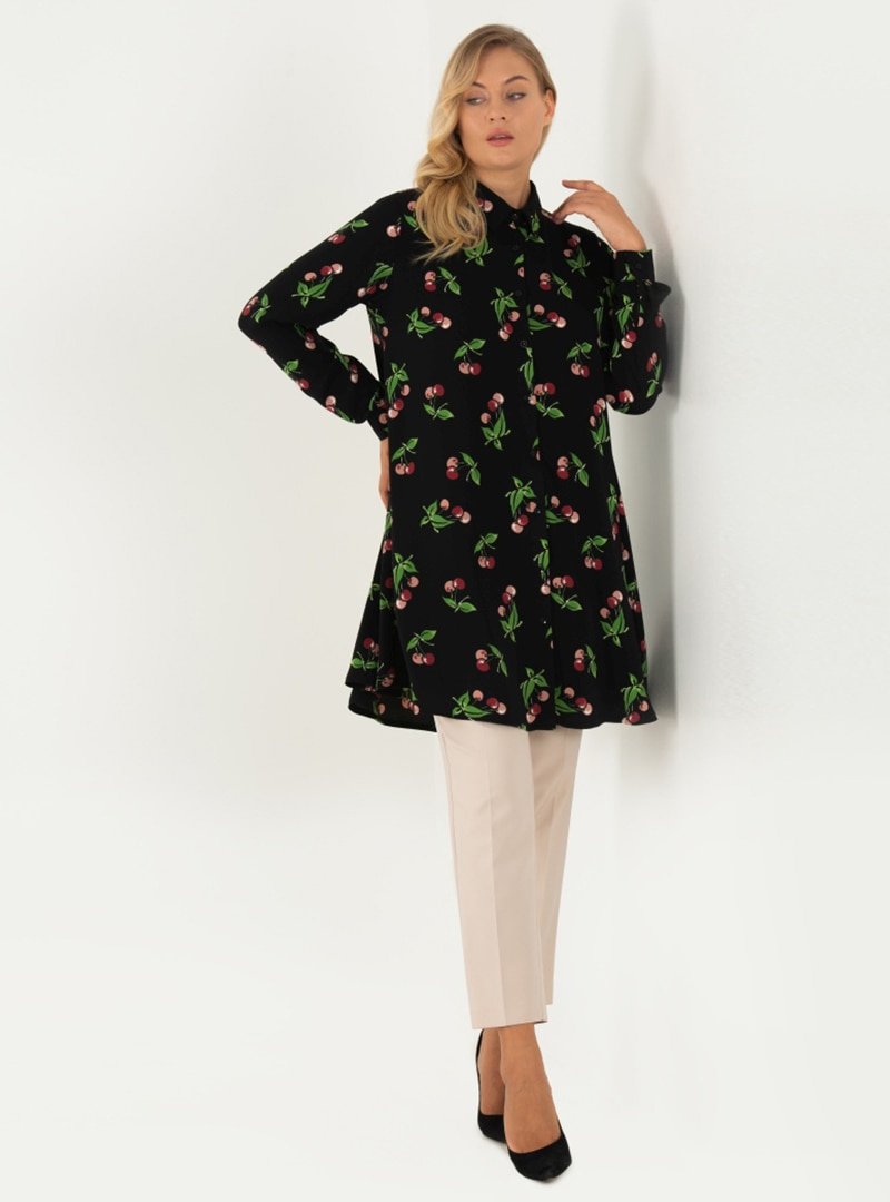 FLOWİST PLUS SİZE Siyah Büyük Beden Kirazlı Tunik