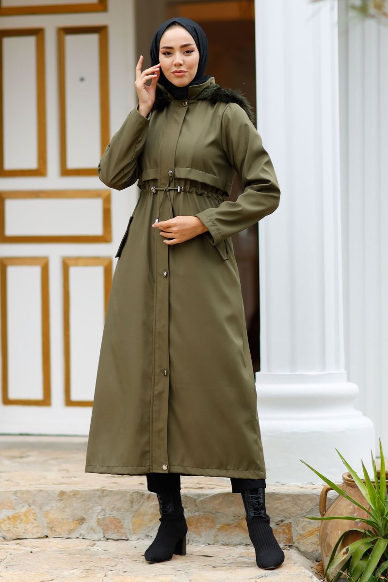 In Style Haki Büzgülü Kürklü Tam Boy Kaban