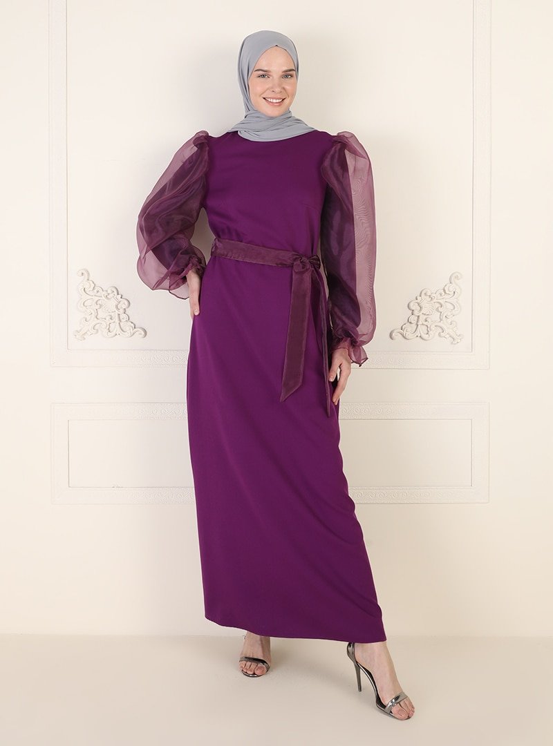 Ziwoman Mürdüm Tül Detaylı Abiye Elbise