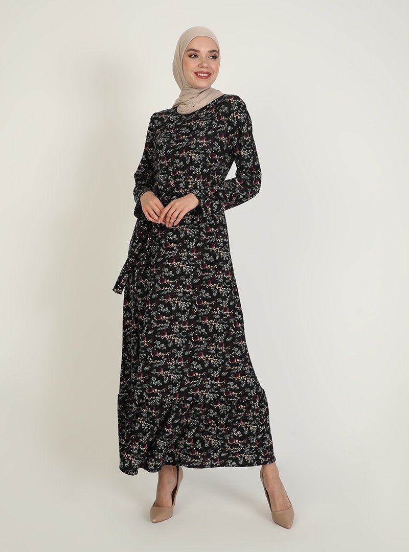 ECESUN Siyah Mor Desenli Elbise