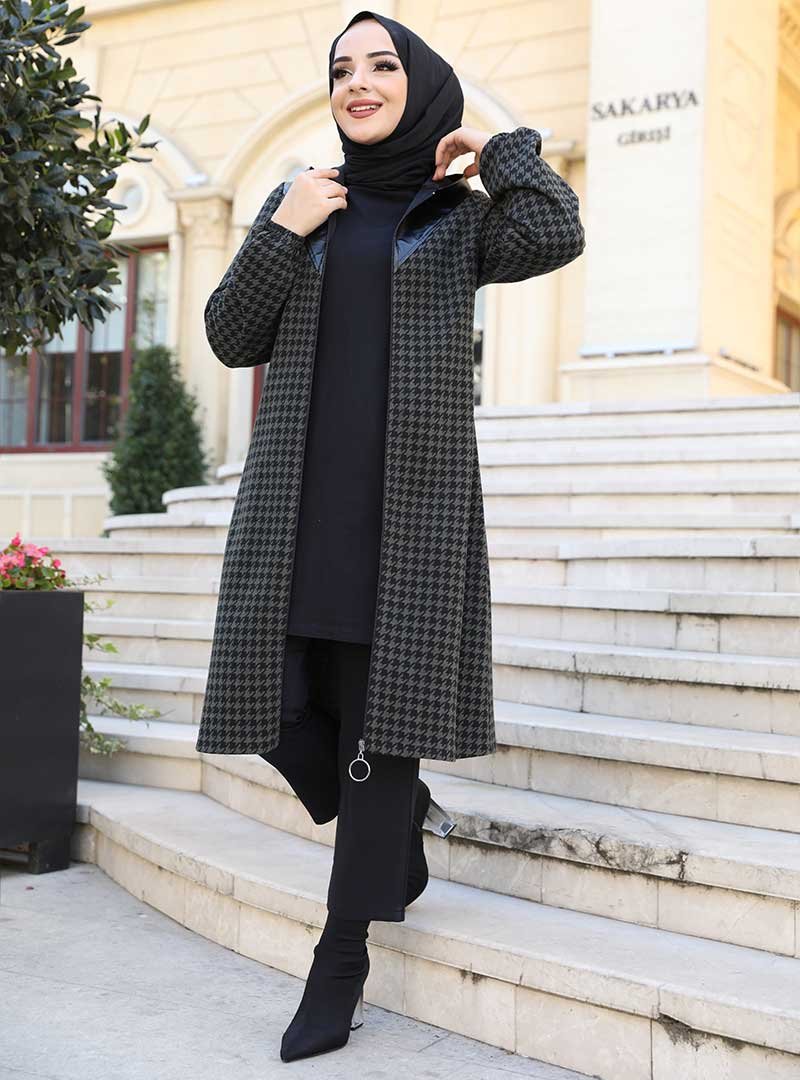 HAKİMODA Haki Kazayağı Desen Fermuarlı Kap