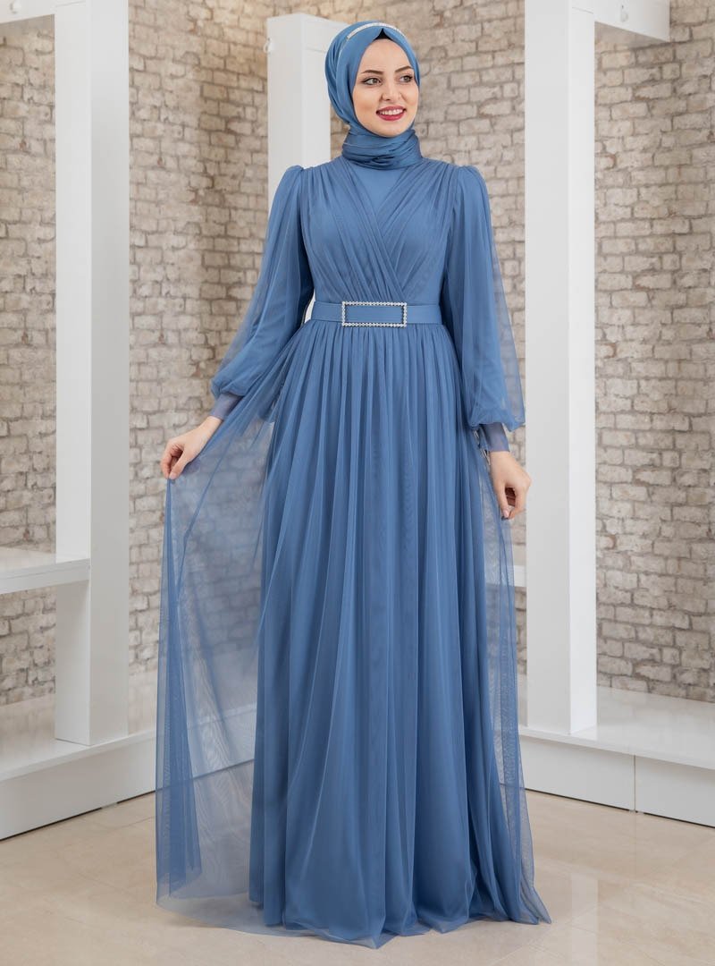 Fashion Showcase Design İndigo Taş Detaylı Tüllü Abiye Elbise